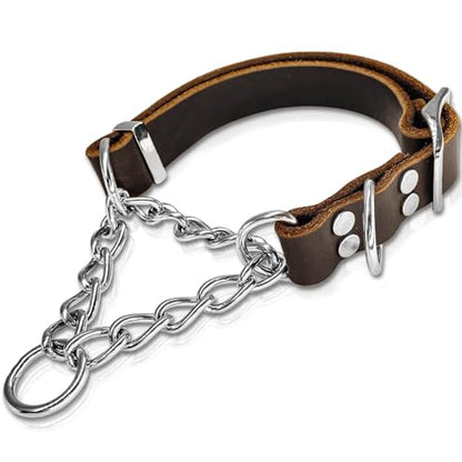 Leather Martingale Dog Collar, Soft Genuine Cowhide Handmade Assembled Stainless Steel Chain Martingale Collar Adjustable for Medium Large Dogs Pets. (L, Neck 20-25"(Martingale)) - size: L, Neck 20-25"(Martingale)
