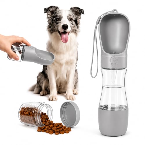 Dog Water Bottle, Portable Water Bottle with Food Container for Dogs Cat Pet Hiking Walking Travel Camping, Leak-Proof Dog Water Bowl Dispenser with Feeder Function - color: Gray