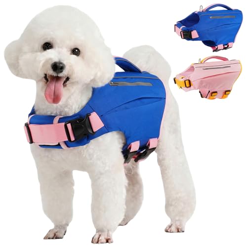 Kuoser Dog Life Jacket, Reflective Swim Vest with Rescue Handle | High Flotation, Rescue Handle, Adjustable, Reflective,2 Storage Pockets, Pool Lake Boat Beach, Small Medium Large, Easy Wear - color: Blue, size: XS (Chest Girth:12.9-18.1'')