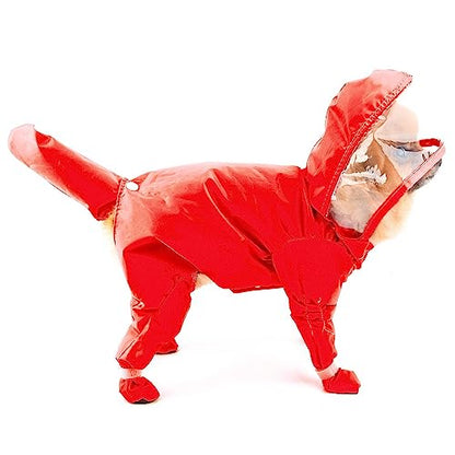 PAIDEFUL Small Dog Full Body Coverage Raincoat Solid Four-Leg Onesie Rain Jacket Waterproof Hoodie Puppy Clothes Button Lightweight Cats Costume, Red, M - color: red, size: M: Chest: 15.7", Back: 12.6"