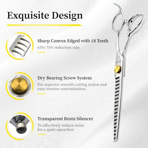 Dog Grooming Scissors, 7.0" 18 Teeth Chunker Shears, Premium Stainless Steel, Safety Rounded Tip & Offset Handles for Precision Trimming Dogs, Cats, Pet at Home - size: 7.0 Inch, style: Chunker