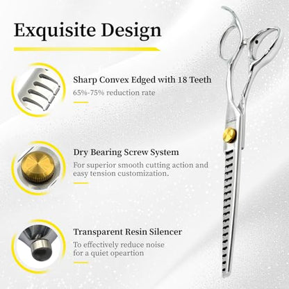 Dog Grooming Scissors, 7.0" 18 Teeth Chunker Shears, Premium Stainless Steel, Safety Rounded Tip & Offset Handles for Precision Trimming Dogs, Cats, Pet at Home - size: 7.0 Inch, style: Chunker