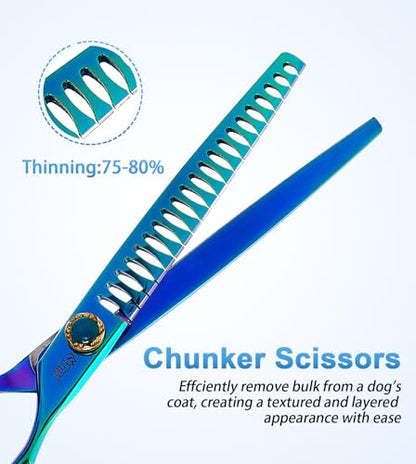 7.5'' Dog Chunker Scissors for Grooming 440C Stainless Steel Green Professional Pet Trimming Scissors Sharp Blades Cutting for Dogs and Cats Shears - style: Chunker