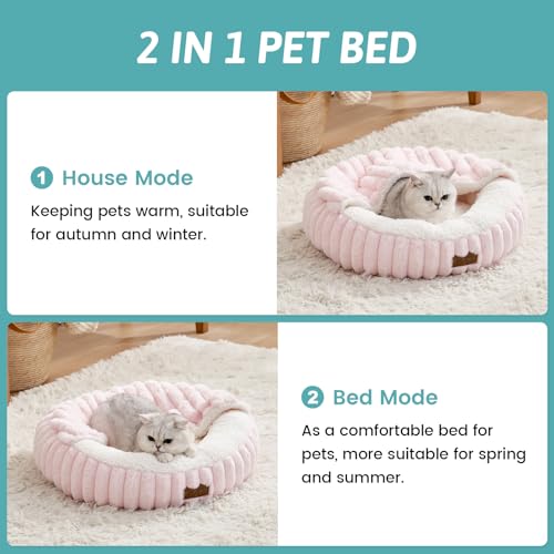 Cat Bed with Hooded Blanket, Round Fluffy Anti-Anxiety Pet Bed for Cats/Toy Breed Dogs, Cozy Donut Cuddler with Machine Washable Faux Fur & Anti-Slip Bottom(20"×20"×6",Pink) - color: Pink, size: 20"×20"×6"