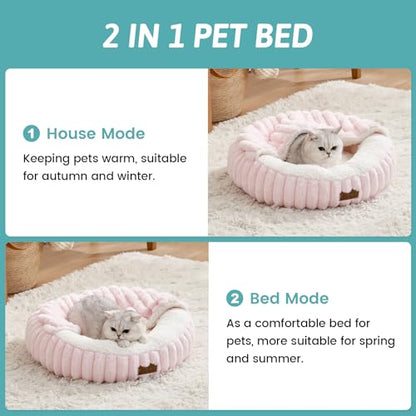 Cat Bed with Hooded Blanket, Round Fluffy Anti-Anxiety Pet Bed for Cats/Small Dogs, Cozy Donut Cuddler with Machine Washable Faux Fur & Anti-Slip Bottom(23"×23"×6",Pink) - color: Pink, size: 23"×23"×6"
