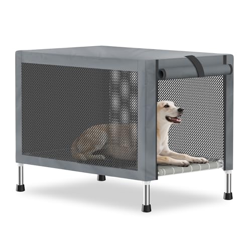 Medium Stainless Steel Elevated Dog Crate with Removable Cover, 2-in-1 Indoor & Outdoor Raised Pet House, Rust-Proof Dog Kennel with Silicone Anti-Slip Feet, Tool-Free Assembly - size: 32.0"L x 20.0"W x 24.0"H