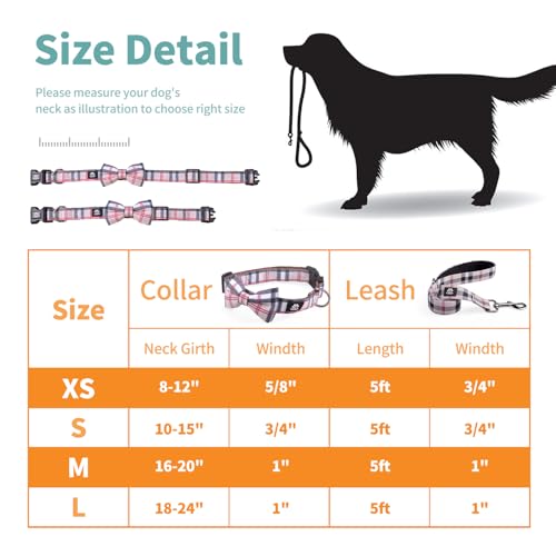IVY&LANE Dog Collar with Bowtie and Leash Set | Plaid Adjustable Dog Collar | Detachable Bow Tie |5 FT Dog Leash | for Small Medium Large Dogs | Checkered Beige | Small - color: Checkered Beige, size: S