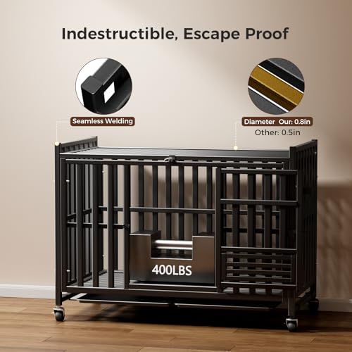 Heavy Duty Dog Crate, Escape-Proof Indestructible Cage for High-Anxiety Dogs, 3-Door Kennel with 4 Lockable Wheels and 2 Removable Trays Ideal for Large & Medium Breeds (43 Inch) - size: 43.0"L x 27.0"W x 37.0"H