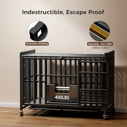 Heavy Duty Dog Crate, Escape-Proof Indestructible Cage for High-Anxiety Dogs, 3-Door Kennel with 4 Lockable Wheels and 2 Removable Trays Ideal for Large & Medium Breeds (43 Inch) - size: 43.0"L x 27.0"W x 37.0"H