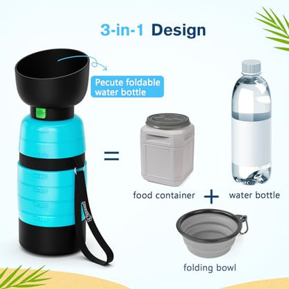 Pecute Upgraded 22 oz Dog Water Bottle with 5 oz Food Container, Portable Dog Travel Water Bottle Dispenser, Leakproof, BPA Free, Lightweight, Pet Water Bottle Bowl for Outdoor Walking Hiking Camping | Portable, Leakproof, BPA Free, Foldable bowl, Lightwe