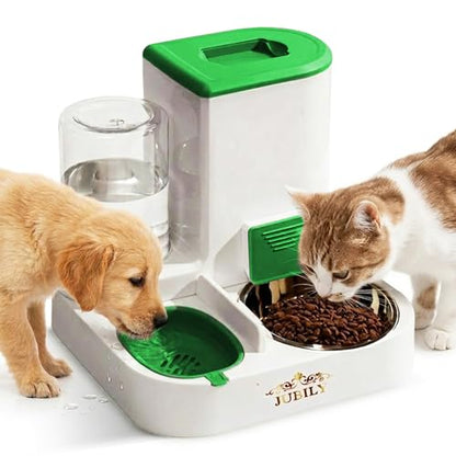 Automatic Cat Feeder & Water Dispenser – Gravity Cat Feeding Station with Stainless Steel Bowl, 2.2L Food & 1L Water Capacity, Automatic Pet Feeder for Cats & Small Dogs (Green) - color: Green
