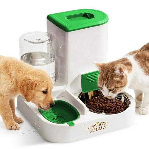 Automatic Cat Feeder & Water Dispenser – Gravity Cat Feeding Station with Stainless Steel Bowl, 2.2L Food & 1L Water Capacity, Automatic Pet Feeder for Cats & Small Dogs (Green) - color: Green