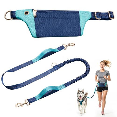 Hands-Free Dog Leash: Versatile Color-Block Bungee for Large & Multi-Dog Walking, Modular Tech-Pouch, Sponge-Padded Waist Belt for Running, Hiking & Urban Strolls (Navy) - color: Navy