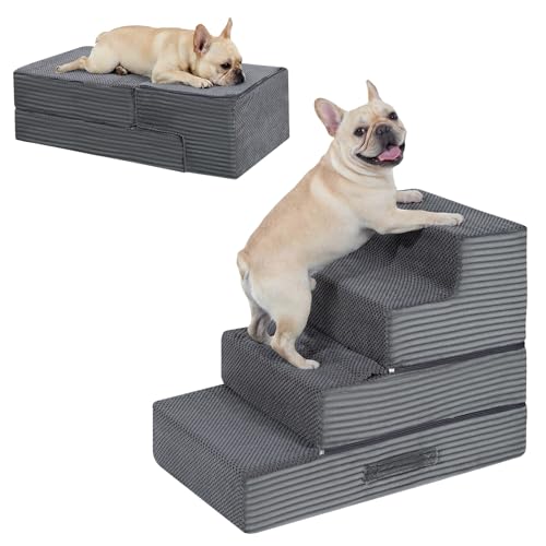 Dog Stairs for Small Dogs, 18" H Foldable Dog Steps for High Bed | 2 in 1 Pet Stairs Get on Couch, Transformable Cats Stairs, Non-Slip Balanced, Grey - size: 15.7 X 24 X 18 In