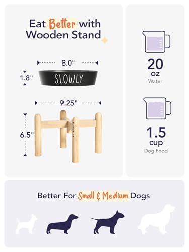 LE TAUCI PET Ceramic Slow Feeder Bowl Elevated - 1.5 Cup with Wood Stand for Small & Medium Breed, Anti-Gulping, Black - color: Black+Stand, size: M-1.5 Cups
