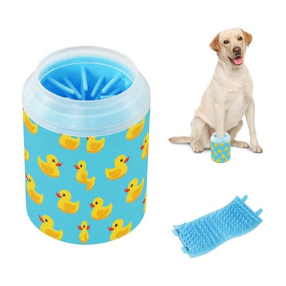 Duck Blue Print Dog Paw Cleaner Cup with Soft Silicone Brush, Small Portable Lightweight Muddy Paw Washer for Dogs, Easy to Use Pet Foot Cleaner