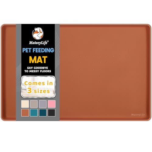MateeyLife Silicone Cat & Dog Food Mat for Floors Waterproof, Anti-Slip Dog Bowl Mats for Food and Water, Pet Feeding Mats with Lip to Prevent Spills, Pet Placemat for Messy Drinkers to Protect Floors - color: Brown, size: 18''×12''