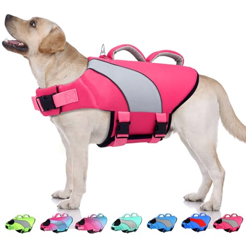 Doglay Dog Life Vest, Dog Life Jacket with Double Rescue Handles and Reflective Stripes, Adjustable High Visibility Swimming Safety Vest, Pet Life Preserver Lifesaver for Small Medium Large Dogs - color: Pink+Gray, size: Xl :27.6"-38.6" (Ribcage Girth)- D