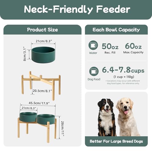 Havniva 8.3” Dog Bowls Elevated Ceramic Dog Food and Water Bowl Set, Double Raised Dog Water Bowl with Stand Non-Slip Rubber Base Large Capacity Feeding Pet Food Bowl for Large Dogs - color: Matte Dark Green - 2 Bowls+Stand, size: 8.3 Inch