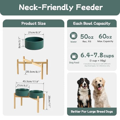 Havniva 8.3” Dog Bowls Elevated Ceramic Dog Food and Water Bowl Set, Double Raised Dog Water Bowl with Stand Non-Slip Rubber Base Large Capacity Feeding Pet Food Bowl for Large Dogs - color: Matte Dark Green - 2 Bowls+Stand, size: 8.3 Inch