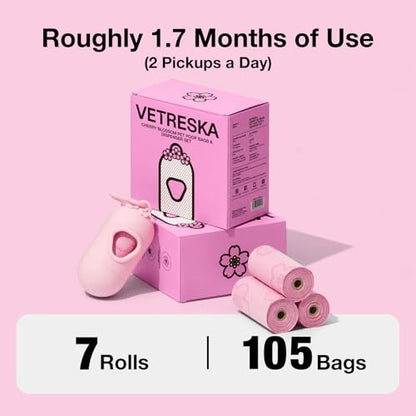 VETRESKA Dog Poop Bag Dispenser with Cherry Blossom Scented Poop Bags, Leak Proof and Extra Thick Pet Waste Bags, 1 Poop Bag Holder and 105 Bags for Dog Walking and Cats Litter, Pink - size: 1 Count (Pack of 105), style: Cherry Blossom