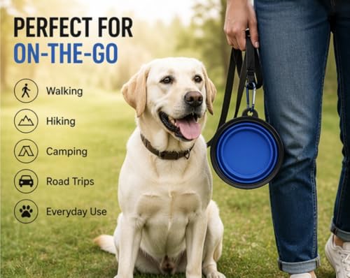 Collapsible Dog Bowl 2-Pack (Blue & Yellow) – Portable Travel Pet Bowl, Foldable Silicone Food & Water Dish with Carabiner Clip for Dogs & Cats, Lightweight & Waterproof