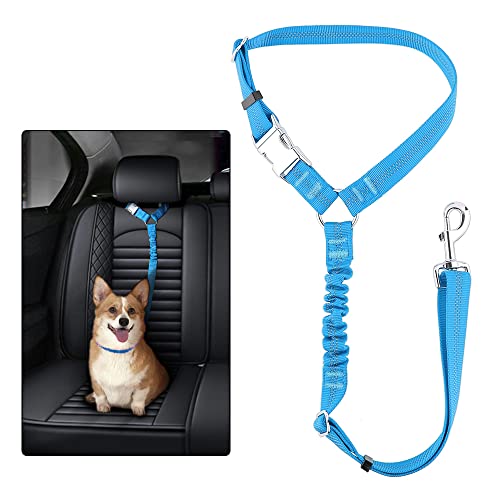 Plutus Pet Dog Seat Belt for Car Headrest, Reflective and Adjustable Restraint with Elastic Bungee for Safety, Vehicle Seatbelt Harness for Small Medium Large Dogs and Cats - color: Blue