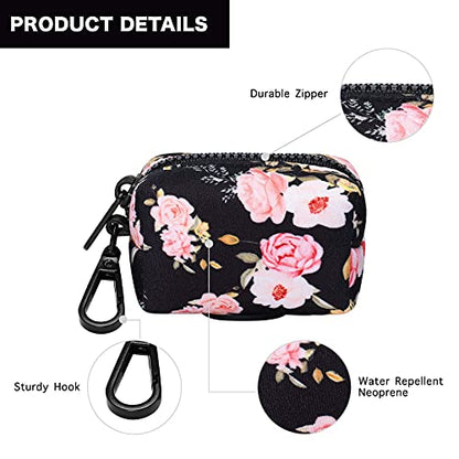 Petmolico Dog Poop Bag Holder Leash Attachment, Waste Bag Dispenser Zippered Pouch, Fits Any Leash, Includes Free Roll of Bags, 2 Packs - Pink Rose - color: Black with Pink Rose