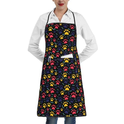 Dog Grooming Waterproof Apron with 2 Pockets, Cute Animals Puppy Dog Pets Apron - color: Red Yellow Paw