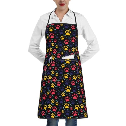 Dog Grooming Waterproof Apron with 2 Pockets, Cute Animals Puppy Dog Pets Apron - color: Red Yellow Paw