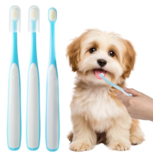 Lusofie 3 Pack Dog Toothbrush for Small Dogs & Puppies - Extra Soft Bristles, 0.35" Mini Brush Head, Gentle Teeth Cleaning for Yorkie, Chihuahua, Tiny Breeds - Curved Handle with Dual Rubber Grip