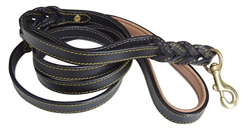 6 Foot Braided Leather Dog Leash with Traffic Handle, Two Handles for Training and Safety, Double your Control with 2 Locations, Lead for Large and Medium Dogs,Black 6ft x 3/4 Inch - color: Black