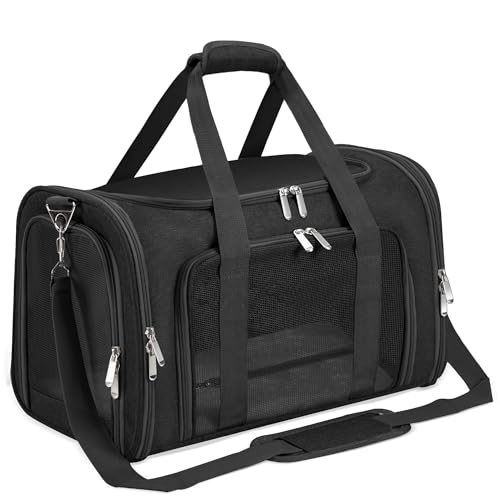 Soft-Sided Cat/Dog/Pet Carrier, Collapsible Pets Travel Carriers for Big Cats/Small Dogs with Shoulder Strap & Removable Mat, Mesh Puppy Carry Bag, Up to 16 Lbs, TSA Airline Approved(Black) - color: BLACK, size: 17"L x 11"W x 11"H