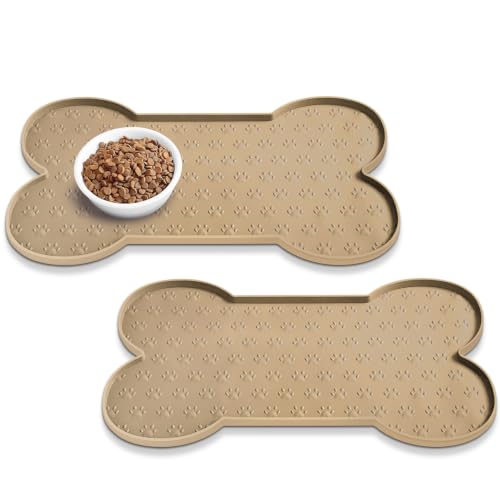 PWTAA Dog Food Mat Anti-Slip Silicone Dog Bowl Mat Thicker Pet Placemat Waterproof Cat Feeder Pad with Raised Edge Puppy Kitten Feeding Mats Suitable Small Medium-Sized Dogs Cats Eating Tray - 2PCS - color: Khaki, size: 19.4" x 9.8"-2PCS
