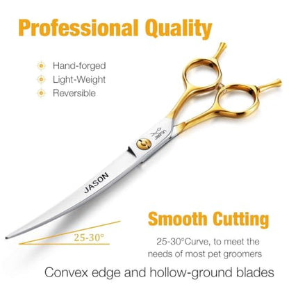 JASON 7.5" Curved Dog Grooming Scissors, Cats Grooming Shears Pets Trimming Kit for Right Handed Groomers, Sharp, Comfortable Shear