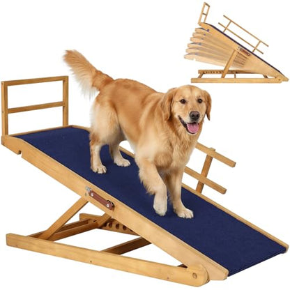Dog Ramp - 7 Adjustable Heights, Portable with Leather Handle, Anti-Slip Design for Beds, Couches & Cars - Perfect for Small & Large Dogs - size: 115 CM LONG with Guardrails
