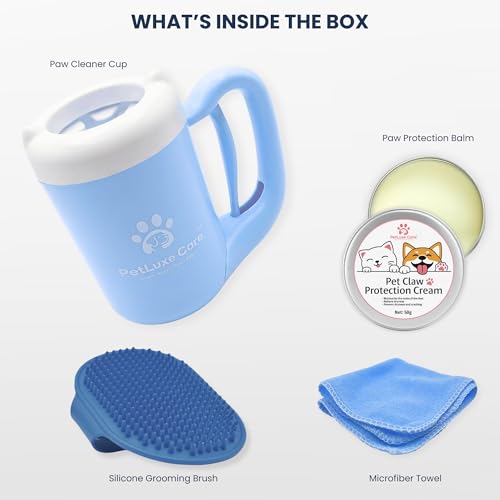 Dog Paw Cleaner, Paw Washer Cup with Soft Silicone Bristles, Portable Dog Foot Washer, 4-in-1 Paw Cleaner Kit with Paw Balm, Microfiber Towel & Grooming Brush (Blue, Small) - color: Blue, size: Small