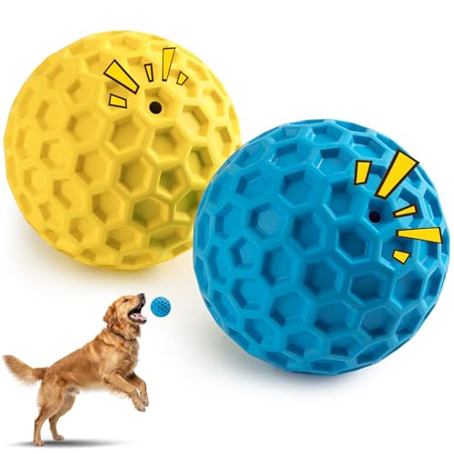 HIPPIH Indestructible Squeaky Dog Toys, Interactive Dog Balls 2 Pack, Dog Chew Toys for Aggressive Chewers, Natural Rubber Puppy Toys for Large/Medium Dogs, Tough Puppy Teething Toys, Relieve Anxiety - color: Blue+Yellow, size: 3.15inch+3.15inch