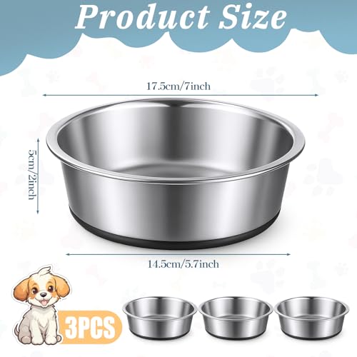 3 Pack Stainless Steel Dog Bowls, 64oz/3 Cups Silicone Base Anti-Slip Dog Metal Bowls, Food and Water Pet Bowls for Small, Medium Dogs and Cats, Dishwasher Safe