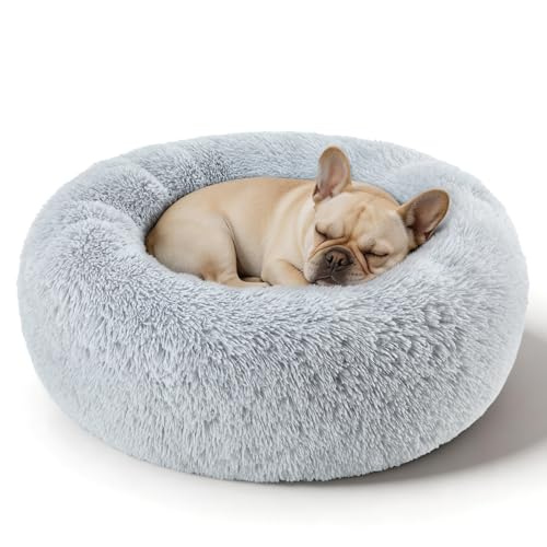 Dog Calming Beds for Small Medium Large Dogs - Round Donut Washable Puppy Dog Bed, Anti-Slip Faux Fur Fluffy Donut Cuddle Anxiety Cat Pet Bed(Light Grey 20") - color: Light Gray, size: 20"L x 20"W x 8"Th