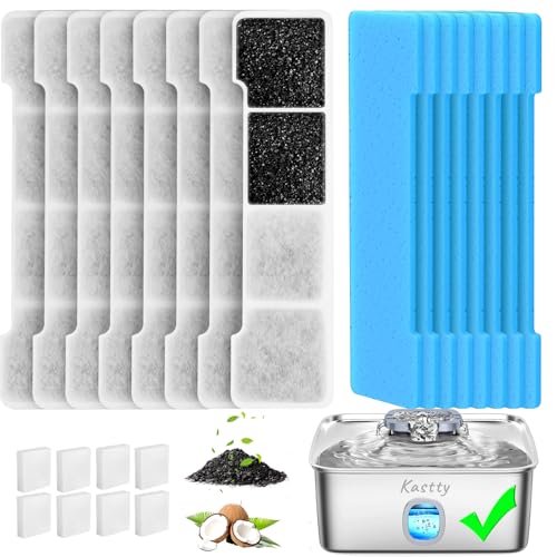 Kastty 15L Dog Water Fountain Filter Replacement, Pet Fountain Filters Replacement Made of Activated Carbon and PP Cotton, 8 Pack Dog Water Bowl Filters 8 Pack Pre-Filter Sponge with 8 Pump Sponge L05