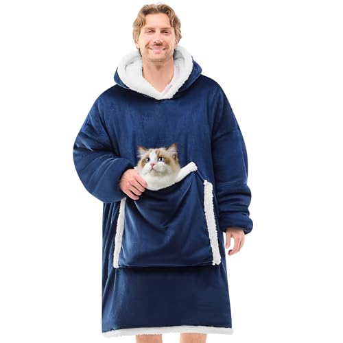 JOYWOO Navy Wearable Blanket Hoodie,Oversized Cat Lovers Sweatshirt Blanket for Adult, Birthday Gifts for Men,Dad,Husband Cozy Fuzzy Sherpa Hooded Blanket with Giant Pocket and Winter Gifts,Standard - color: Navy Blue, size: Adult