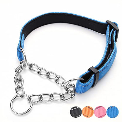 Martingale Dog Collars Adjustable Soft Nylon Reflective Collars with Stainless Steel Chain Walking Training Collars Heavy-Duty Puppy Chain Collars for Small,Medium,Large Dogs(Blue,L) - color: Blue, size: L-(dog's neck19-23inches)