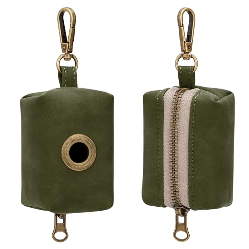 Didog Stylish Dog Poop Bag Holder for Leash, Easy-Pull and Colorful PU Leather Dog Poop Bag Dispenser with Metal Clip, Includes 1 Roll Pet Waste Bag for Daily Walking,Dark Green - color: Dark Green