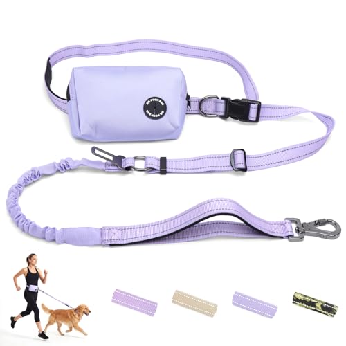 Hands Free Dual Handle Retractable Bungee Leash with Reflective Trim, Adjustable Waist Belt for Dog Walking, Running, Hiking - Durable Nylon Leash for Medium Large Dogs, Purple