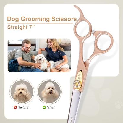 Professional Dog Grooming Scissors Rose Gold 440C Stainless Steel Straight Thinning Curved Chunker Shears for Pet Grooming Services Dogs and Cats (Straight, 7‘’) - size: 7‘’, style: Straight
