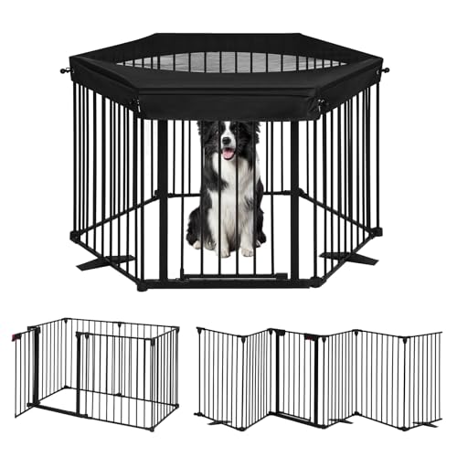 SMONTER Freestanding Dog Gate with Door Walk Through, 152" Extra Wide Foldable Dog Fence with Removable Cover, 6 Panels 29" Tall Metal Pet Gate for Stairs, Hallways - size: 6 Panels with Cover 152" W x 29" H