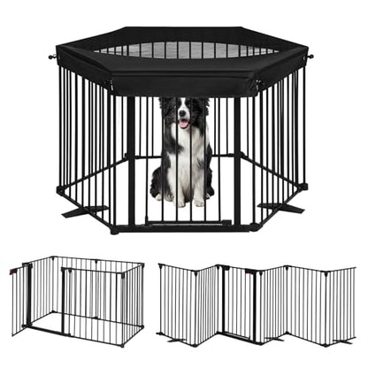 SMONTER Freestanding Dog Gate with Door Walk Through, 152" Extra Wide Foldable Dog Fence with Removable Cover, 6 Panels 29" Tall Metal Pet Gate for Stairs, Hallways - size: 6 Panels with Cover 152" W x 29" H