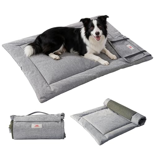 SOMAHE Outdoor Dog Bed Waterproof for Medium Large Dogs, Foldable Portable Dog Bed, Reversible Oxford Mat, Built-in Storage Pocket, Machine Washable, 35.4"×27.5" Inch Light Gray/Green - color: Front: Silver Gray / Back: Green