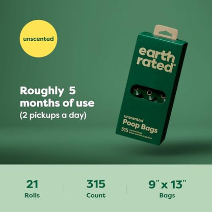 Earth Rated Dog Poop Bags, Guaranteed Leakproof and Extra Thick Waste Bag Single Refill Rolls for Dogs, Unscented, 315 Count - style: Unscented